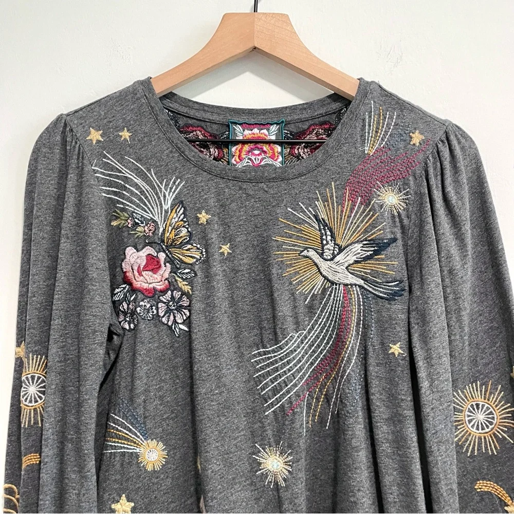 Johnny Was Selah Cuffed Puff Long Sleeve Embroidered Floral Celestial Bird Top